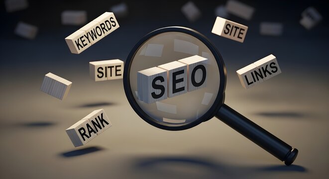 Digital marketing strategy concept focusing on search engine optimization with small wooden blocks displaying seo keywords site and rank magnified by a lens