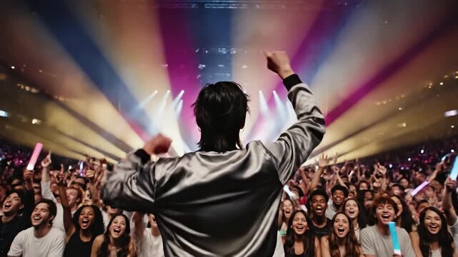 Green Screen chroma key model released back view of huge crowd dancing and cheering at a concert or show shot on red helium 8k in raw scene 3 with distortion, overlay, glitch, static noise, scan lines