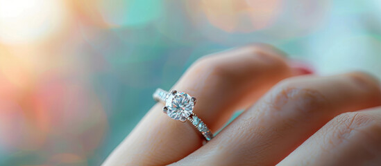 Close-Up of Diamond Engagement Ring on Woman&rsquo;s Hand with Natural Light