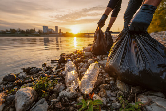 Volunteers collecting trash and plastic bottles from a rocky riverbank at sunset to help protect the environment and keep waterways clean and safe