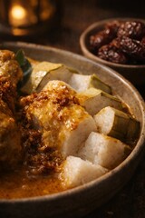 Sliced ketupat covered in thick curry sauce