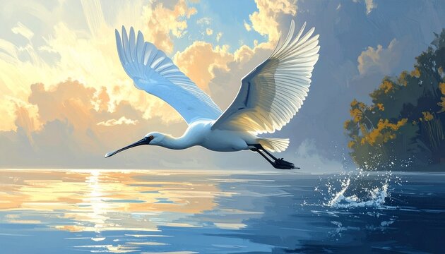 Great Blue Heron Flying Over Sunrise Lake with Golden Reflections and Splashing Water