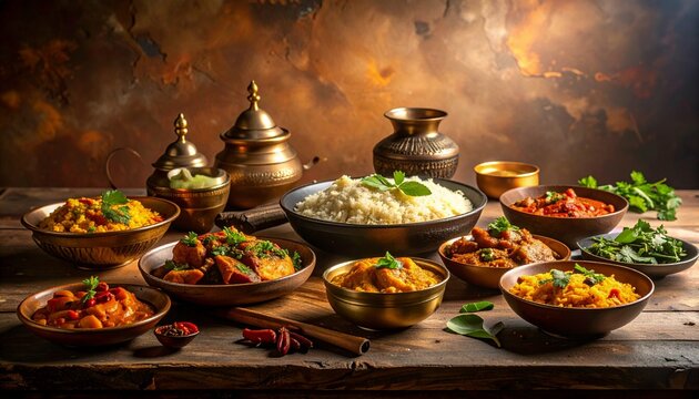 Spiritual Iftar Scene with Various Bangladeshi Ramadan Food Dishes and Traditional Metal Cookware