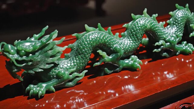 Intricately Carved Jade Dragon Sculpture on Wooden Display