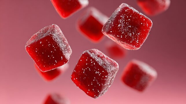 Red square gummies falling against a soft gradient background, showcasing ultra-photorealistic details with sharp focus and high dynamic range, ideal for commercial product photography and advertising