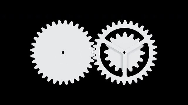 3D rendering of white matte gears rotating on black background. Clean minimal mechanism loop.