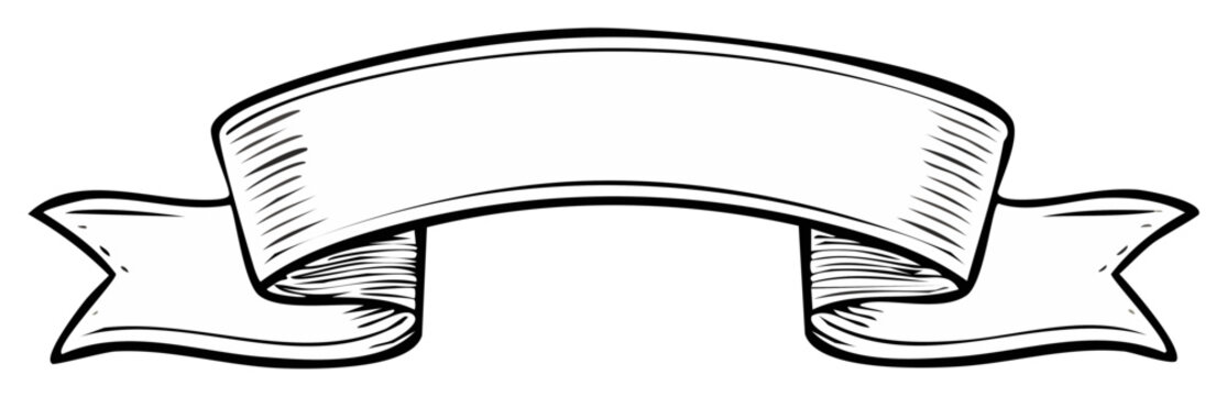 Hand drawn ribbon banner scroll illustration in vintage sketch style