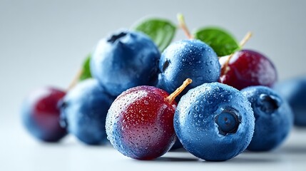 Fototapeta premium Macro still-life of fresh blueberries and cherries with water droplets on a seamless white background, showcasing crisp texture and vibrant colors, ideal for food photography and commercial use