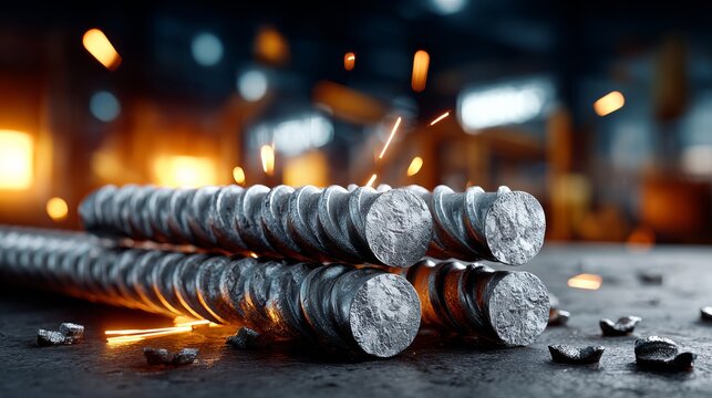 TMT bars arranged in a stack with a spotlight illuminating their surface, surrounded by a dark factory background with flying sparks and industrial details