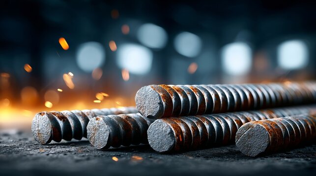 Close-up shot of metallic screws arranged on a dark surface with sparks flying in the background, illuminated by dramatic lighting, showcasing industrial craftsmanship and detail