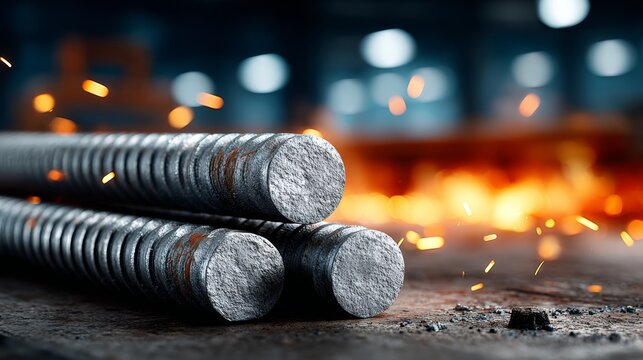 TMT bars arranged in a stack on a dark surface, illuminated by dramatic lighting, with a blurred factory background and sparks flying, creating a hyper-realistic industrial scene