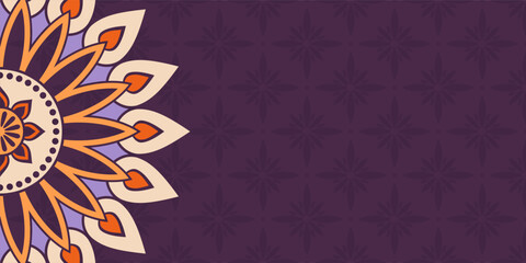 Horizontal color mandala banner. Decorative flower mandala background with place for text. Colorful abstract graphics. Arabic, islamic east style. Vector color illustration.