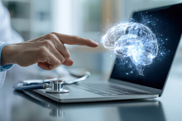 Medical professional interacting with virtual holographic human brain projection emerging from laptop screen symbolizing advanced neurological research and technology