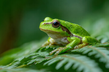 Naklejka premium Vibrant green tree frog perched on fern leaves in natural habitat with detailed textures and soft blurred background showcasing amphibian wildlife close-up