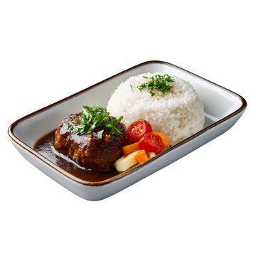Japanese-style Salisbury steak (Hambagu) served with a side of white rice  isolated die-cut.