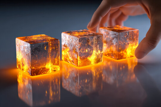 A hand reaches to pick up glowing translucent orange ice cubes illuminating against a reflective surface in a dark and modern setting