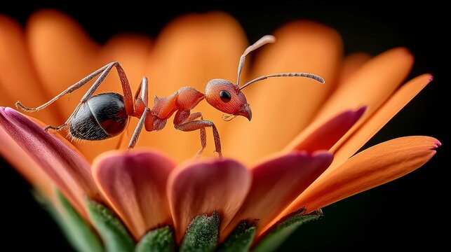 Red ant perched on vibrant orange flower petal, showcasing intricate details and textures, captured with macro photography against a dark background