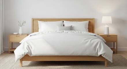 Minimalist Bedroom Interior with White Bedding and Wooden Furniture