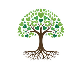 Obraz premium Stylized tree with heart-shaped leaves symbolizing growth, love, and nature's harmony, rooted deeply for stability