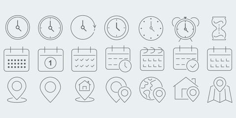 Fototapeta premium Time, Date and Location Icon set. Vector illustration of Date, Time and Address icon set. editable stroke