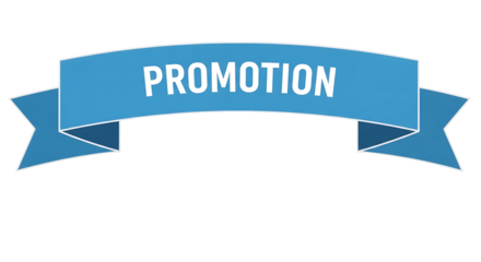 Blue ribbon banner with promotion text isolated on transparent background