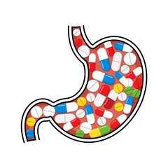 Stomach Filled with Assorted Pills and Capsules, Medical Concept