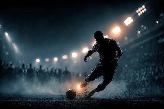 Silhouette football player kicking ball on dramatic stadium field, night game, energetic action, illuminated by bright lights, dynamic movement, intense atmosphere