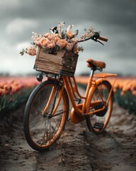 Naklejka premium Orange bicycle vintage style wooden basket pink flowers tulip field spring cloudy sky rural romantic outdoors. bright orange vintage bicycle with wooden basket filled with pink flowers stands