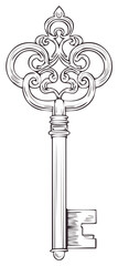 Vintage skeleton key with intricate ornamental design isolated line art drawing