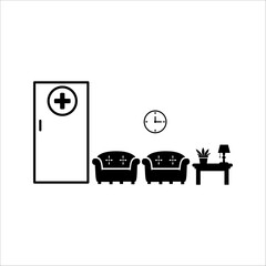 Clinic reception waiting area. Patients register at the reception while a pregnant woman waits in line. Illustration of medical healthcare services.