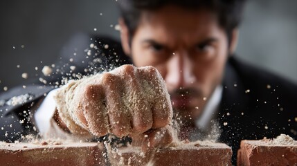 Fototapeta premium A man in a suit breaks a brick with a powerful fist, sending dust flying. The intense focus and dramatic impact highlight themes of strength and determination.