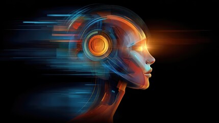 A futuristic AI cyborg head glows with digital energy and innovation. This abstract profile blends advanced technology with human features, evoking artificial intelligence.