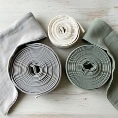 Neatly Spooled Textile Rolls in Neutral Hues on a Textured Wood Surface