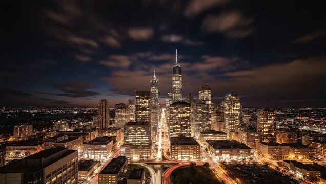 Night Skyline: An eye-level shot captures a cityscape at night, revealing the city lights and architectural wonders. The vibrant lights illuminating the buildings provide an atmosphere of life. 