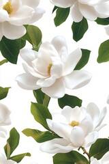 Obraz premium Beautiful White Magnolia Flowers with Green Leaves on a White Background.