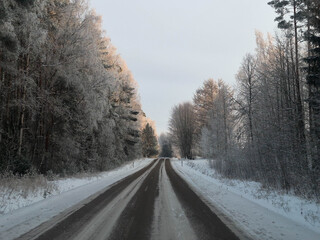 Obraz premium Winter in country side, with trees in snow, wet road, black asphalt, white picture