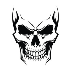 A black and white illustration of a skull with devil horns and an evil grin on its face conveying a spooky and menacing atmosphere always