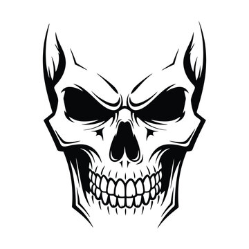 A black and white illustration of a skull with devil horns and an evil grin on its face conveying a spooky and menacing atmosphere always