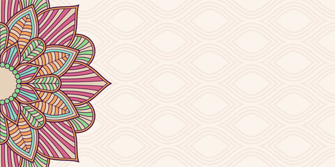 Horizontal mandala banner. Decorative flower mandala background with place for text. Colorful abstract stylish graphics. Arabic, islamic east style. Vector color illustration.