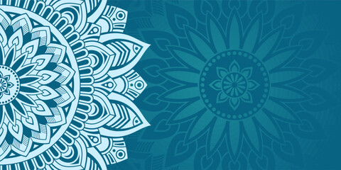 Horizontal color vector mandala banner. Decorative flower mandala on turquoise background. Luxury mandala color vector background. Arabic, islamic east style. Vector color illustration.
