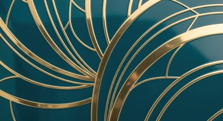 Close-up of a teal background with gold metallic art deco lines and curves.