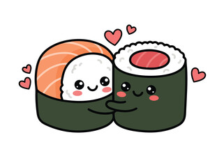 Obraz premium Adorable Sushi Rolls Sharing a Loving Embrace with Hearts, Perfect for Foodie Romance and Valentine's Day