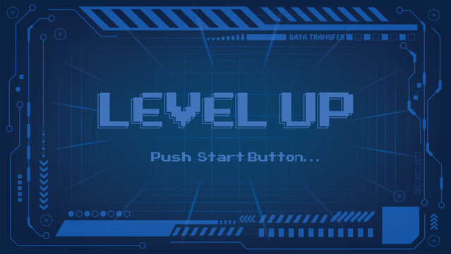 LEVEL UP. digital art  for game assets.Retro Futurism Sci-Fi Background. glowing neon grid from vintage arcade computer games