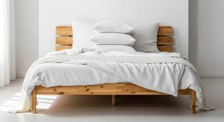 Minimalist Wooden Bed Frame with White Duvet and Pillows in Bright Bedroom