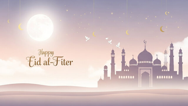 Islamic mosque landscape with Eid al-Fiter greeting on a serene desert sky scene illustration 190 R3D.jpg