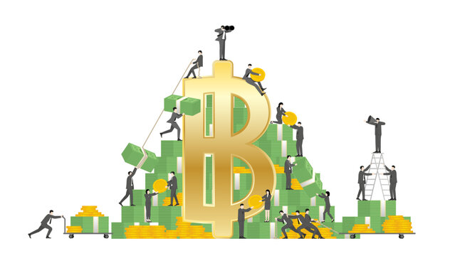 Thai Baht Currency and Financial Growth Concept, Business Teamwork with Tiny People on Giant Gold Baht Symbol, Money Banknotes and Coins