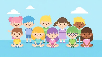 Fototapeta premium Colorful group of smiling cartoon children seated on a blue background with clouds