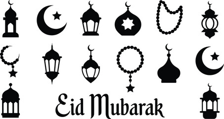 Naklejka premium Eid Mubarak greeting with Islamic symbols and silhouettes of mosques and lanterns isolated on transparent background silhouette design.