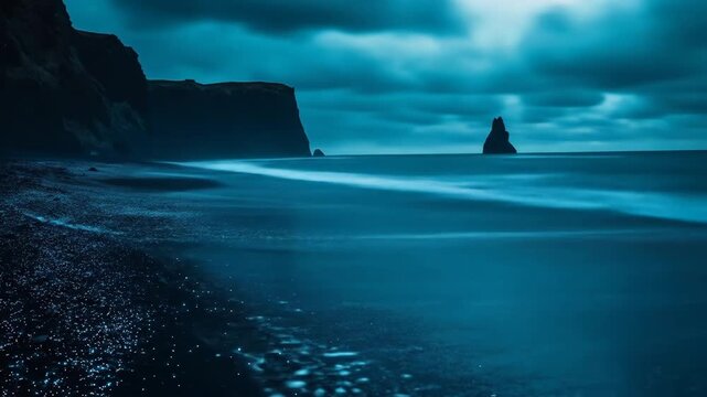 Dramatic coastal landscape at night with dark waves and rocky cliffs