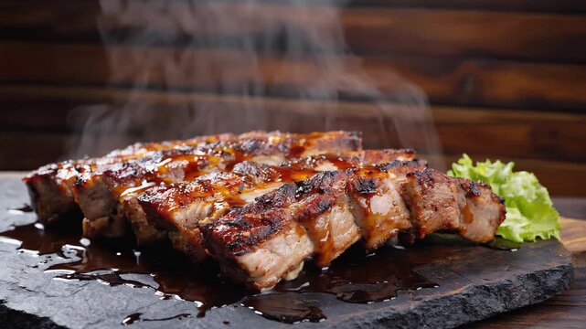Grilled Barbecue Pork Ribs With Sauce And Steam